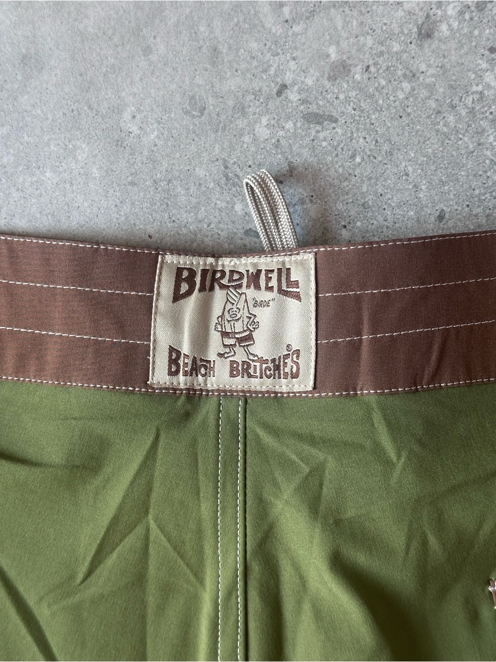 NWOT Olive & Light Blue BIRDWELL Board Shorts with Brown Waistband - Picture 5 of 5